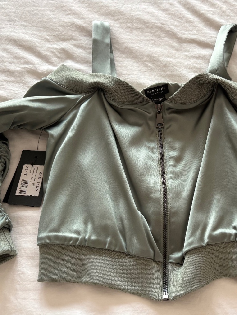 Marciano green satin off shoulder jacket size xs